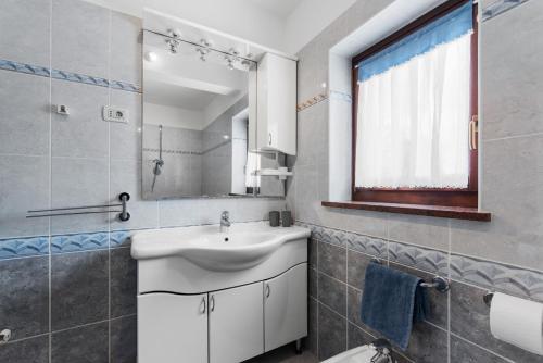 a bathroom with a sink and a mirror and a toilet at Apartment Luma in Vižinada