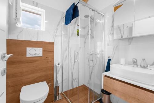 a bathroom with a shower and a toilet and a sink at Casa Cosini with Private Pool in Poreč
