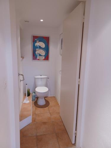 a bathroom with a toilet and a picture on the wall at La Radassière in Cotignac