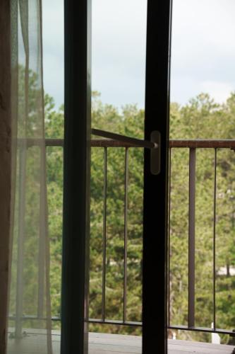 an open window with a view of a garden at Hotel Palisad in Zlatibor