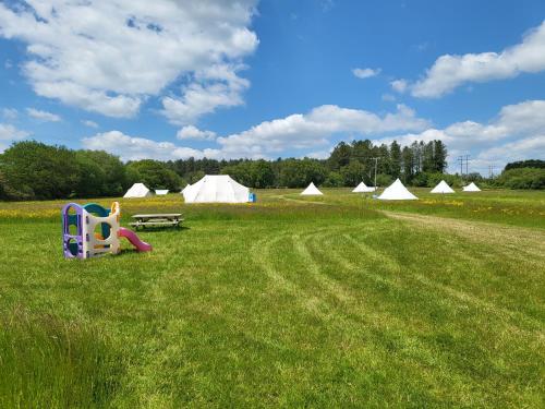 a field with tents and a playground in the grass at Dorset Glamping Fields in Corfe Mullen