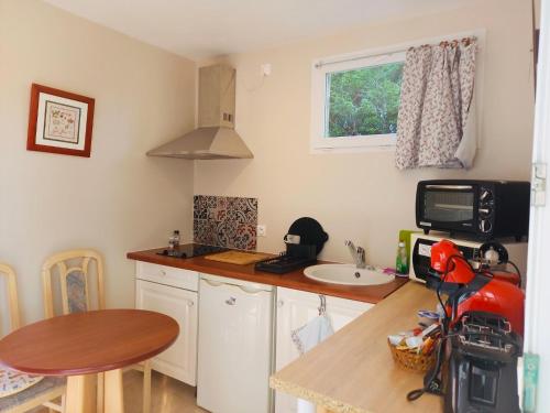 a small kitchen with a table and a sink at Maisonnette bretonne in Quemper-Guézennec