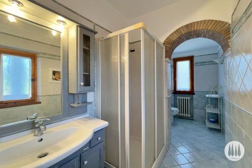 La salle de bains est pourvue d'un lavabo, de toilettes et d'un miroir. dans l'établissement Agriturismo Irto Colle, à Massa e Cozzile