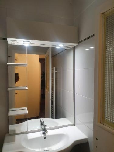 une salle de bain avec un lavabo blanc et un miroir dans l'établissement Appartement cosy Parc Thermal, à Thonon-les-Bains