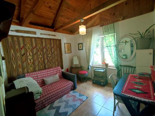 a living room with a couch and a table at Domek nad Poranną Rosą in Garbatka-Letnisko