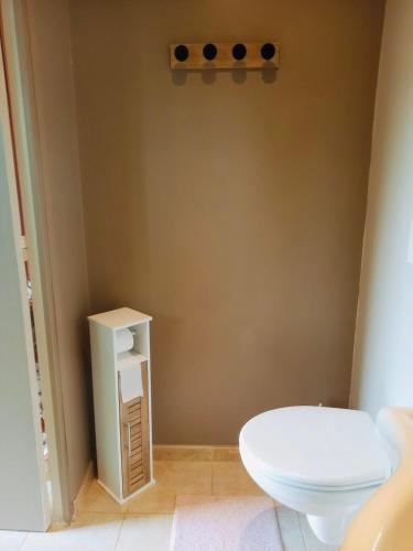 a bathroom with a white toilet sitting next to a wall at Maisonnette bretonne in Quemper-Guézennec