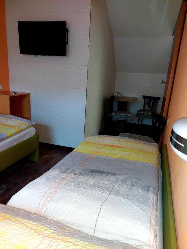 a bedroom with two beds and a tv on the wall at Hotel Olga in Slavkov u Brna