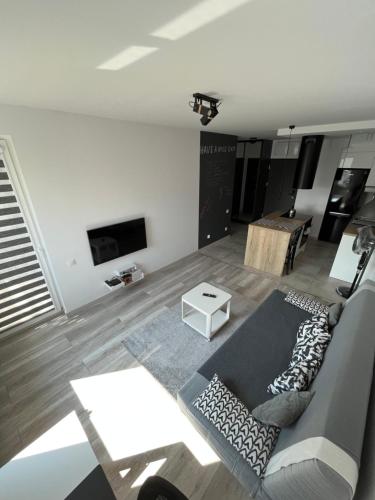 sala de estar con sofá y mesa en Apartment 2-Rooms-Garage-TV-Wifi en Poznan