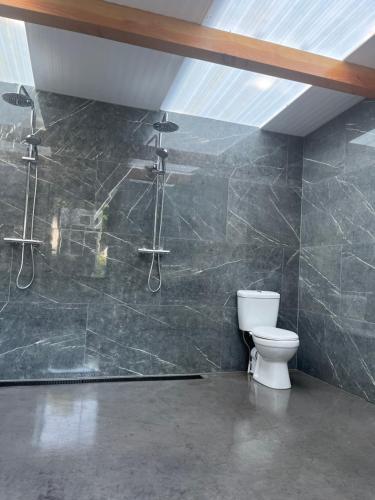 a bathroom with a shower and a toilet at Ferry House Holidays in New Ross