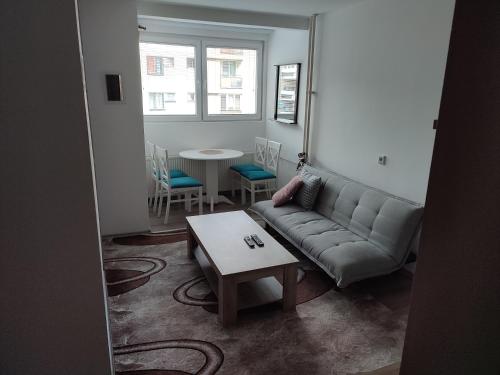 een woonkamer met een bank en een tafel bij Apartman 1 in Foča