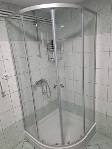 a shower with a glass door in a bathroom at Apartman Ivo in Livno