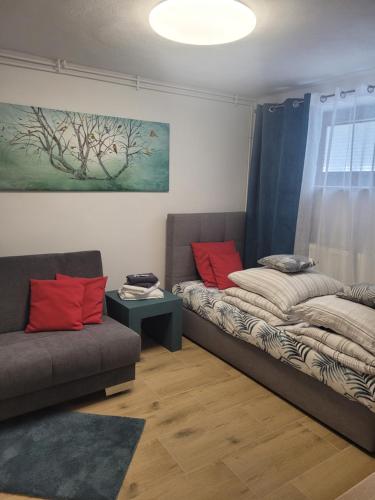 sala de estar con 2 camas y sofá en Pokoje na Warszawskiej, en Gorzów Wielkopolski