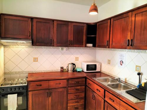 eine Küche mit Holzschränken, einer Spüle und einer Mikrowelle in der Unterkunft Solstice in Santa Maria