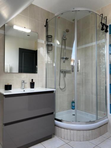une salle de bain avec une douche, un lavabo et une baignoire dans l'établissement Kerhoki, au Vivier-sur-Mer