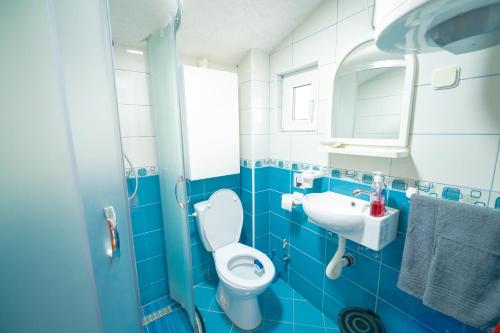 uma casa de banho azul com um WC e um lavatório em Villa Bezho Ljubanista em Ljubaništa