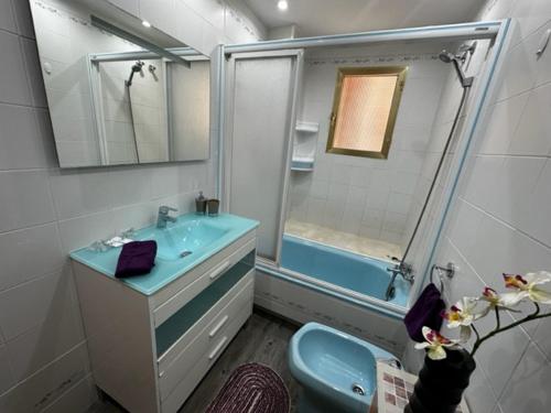 W łazience znajduje się umywalka, prysznic i toaleta. w obiekcie Excelente ubicacion con vistas al mar w Alicante