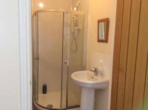 a bathroom with a shower and a sink at Bower Pods in Bowermadden