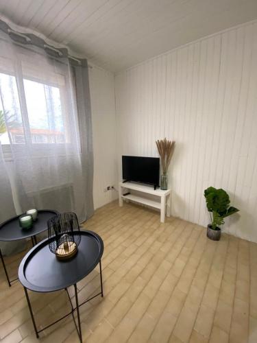 - un salon avec deux tables et une télévision à écran plat dans l'établissement Jolie studio avec la vue sur la mer, à Saint-Cyprien