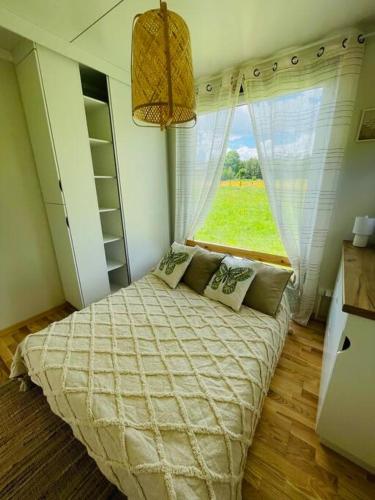 a bedroom with a bed with a large window at PAPIERÓWKA in Dźwierzuty