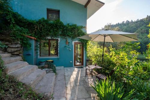 a blue house with an umbrella in front of it at Quinta da Lontra in Tábua