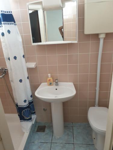 a bathroom with a sink and a toilet and a mirror at Seaside Stay Rošić 2 in Ivan Dolac
