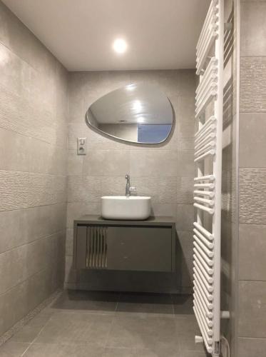 une salle de bain avec un lavabo et un miroir dans l'établissement L'Annexe, à Génainville
