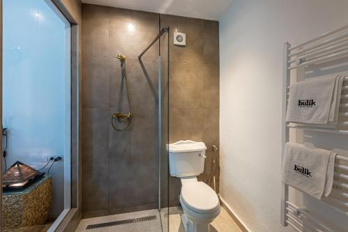 a bathroom with a toilet and a glass shower at Butik Design Nádas in Abádszalók