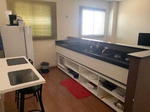 uma cozinha com um lavatório e uma bancada em Flor Que Ri - Flats Mobiliados na Melhor Localização em Olímpia