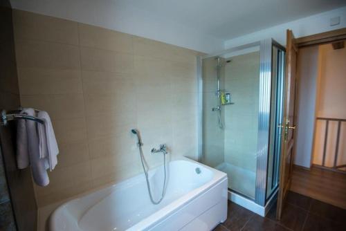 a bathroom with a shower and a bath tub at House Polic in Hreljin