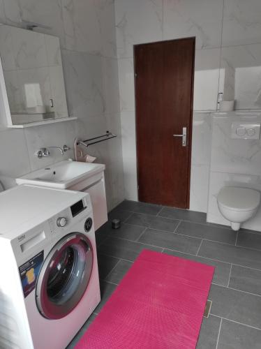 een wasmachine in een badkamer met een roze tapijt bij Appartement UNA La Bella 3* in Bihać
