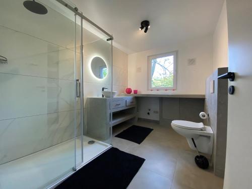 a bathroom with a glass shower and a toilet at LOFTYy in Stoumont
