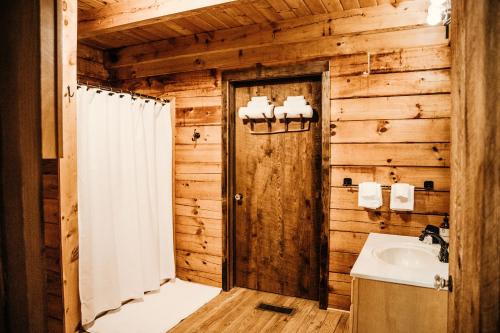 y baño con ducha y lavamanos. en Beautiful Cabin on 83 Acres near New River Gorge National Park, en Hico