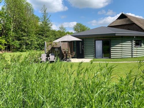 a green cabin with an umbrella and chairs in a field at Silo 161 in Ruinerwold