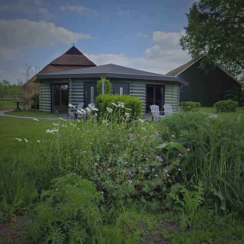 a small green house with a yard with flowers at Silo 161 in Ruinerwold