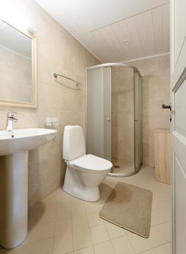 a bathroom with a toilet and a sink and a shower at Verona Apartments - Paide in Paide