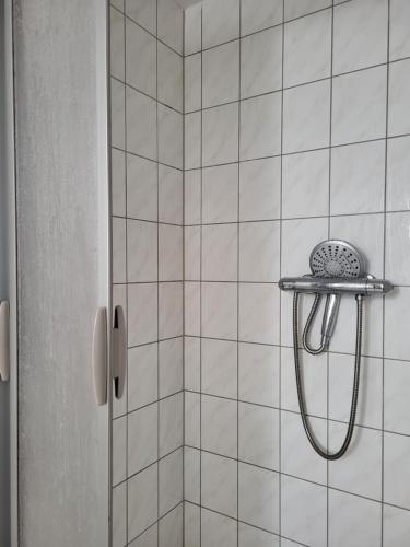 a shower with a shower head in a bathroom at Wohnung Elbblick in Königstein an der Elbe