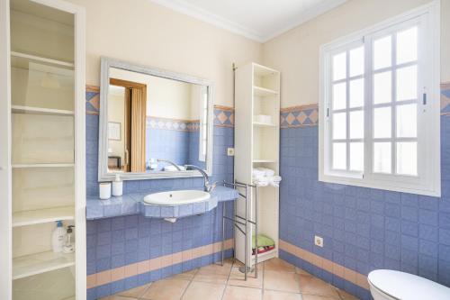 bagno piastrellato blu con lavandino e specchio di Villa Laforge a Carmona