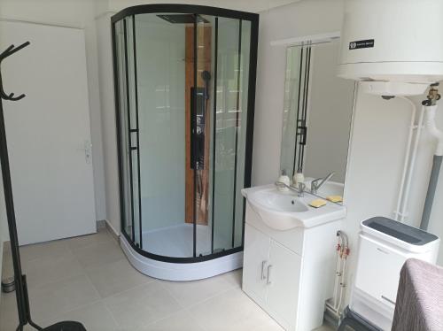 a bathroom with a glass shower and a sink at O'Couvent - Appartement 79 m2 - 2 chambres - A512 in Salins-les-Bains