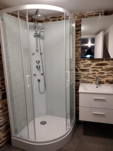 uma casa de banho com um chuveiro e um lavatório. em Gîte charmant typique Breton Ti Quartier em Pordic