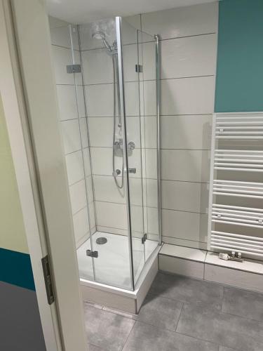 W łazience znajduje się prysznic ze szklanymi drzwiami. w obiekcie Pension Waldau w mieście Kassel