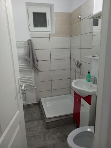 a small bathroom with a toilet and a sink at Pascani Noul Centru in Paşcani