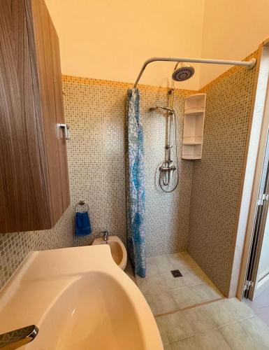 ein Badezimmer mit einer Dusche, einer Badewanne und einem WC in der Unterkunft Appartamento - Rosamarina in Torre Colimena