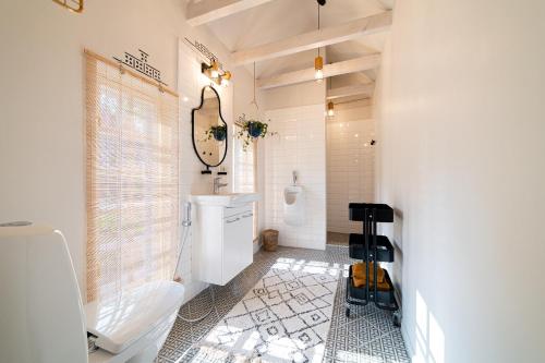 a bathroom with a toilet and a sink and a mirror at i’dille Brīvdienu māja in Kuldīga