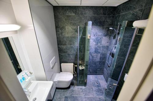 a bathroom with a shower and a toilet and a sink at Onderwijshotel De Rooi Pannen Tilburg in Tilburg