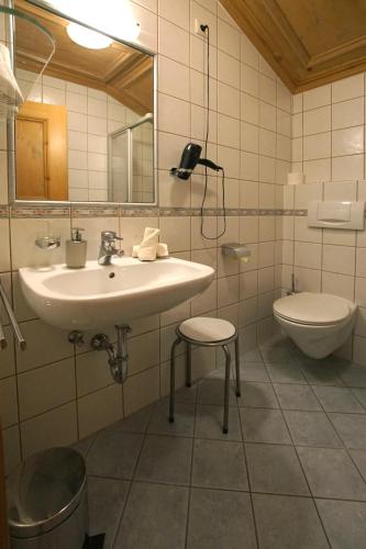 a bathroom with a sink and a toilet and a mirror at Sesvennahof in Malles Venosta