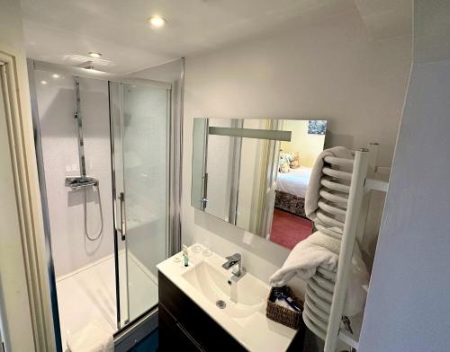 a bathroom with a sink and a shower and a mirror at Hundred House Hotel in Ironbridge