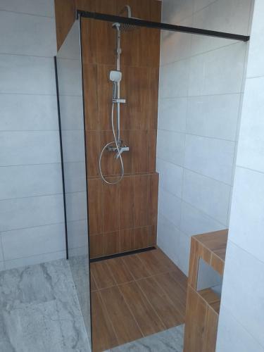 a shower with a glass door in a bathroom at Wypoczynek nad Dunajcem 