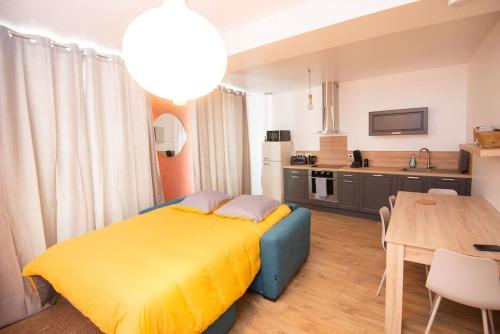 Cet appartement comprend une chambre avec un lit jaune et une cuisine. dans l'établissement MAISON DIVISÉE EN 2 APPARTEMENTS POUR 8 PERSONNES, à Vermenton