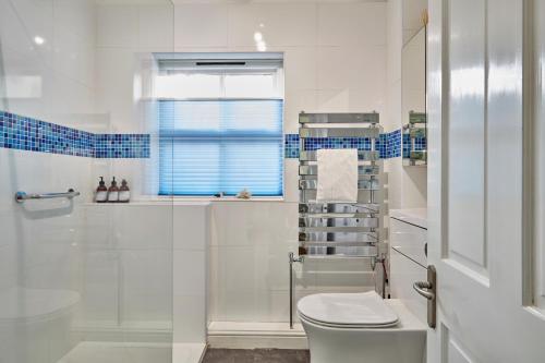 a white bathroom with a toilet and a shower at Ocean Villas in Marazion