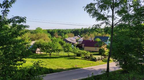 ein Haus an der Seite einer Straße mit Bäumen in der Unterkunft Domek u Litwinów in Lipowiec